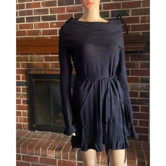 VERTIGO Cowl Neck Pleated Skirt Waist Tie Ribbed Knit Mini Dress Size M Black - Picture 4 of 16